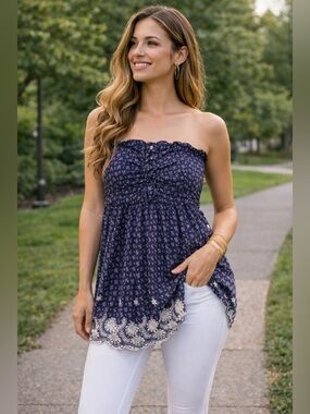 Women’s L Navy Floral Strapless Tunic / Mini Dress with Lace Hem Fairy Prairie